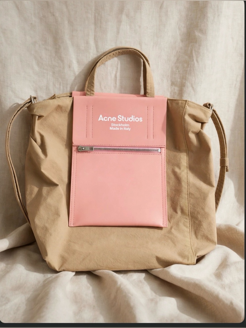 NEW Acne Studios Baker Out MEDIUM Nylon & Leather Tote Bag Beige Pink